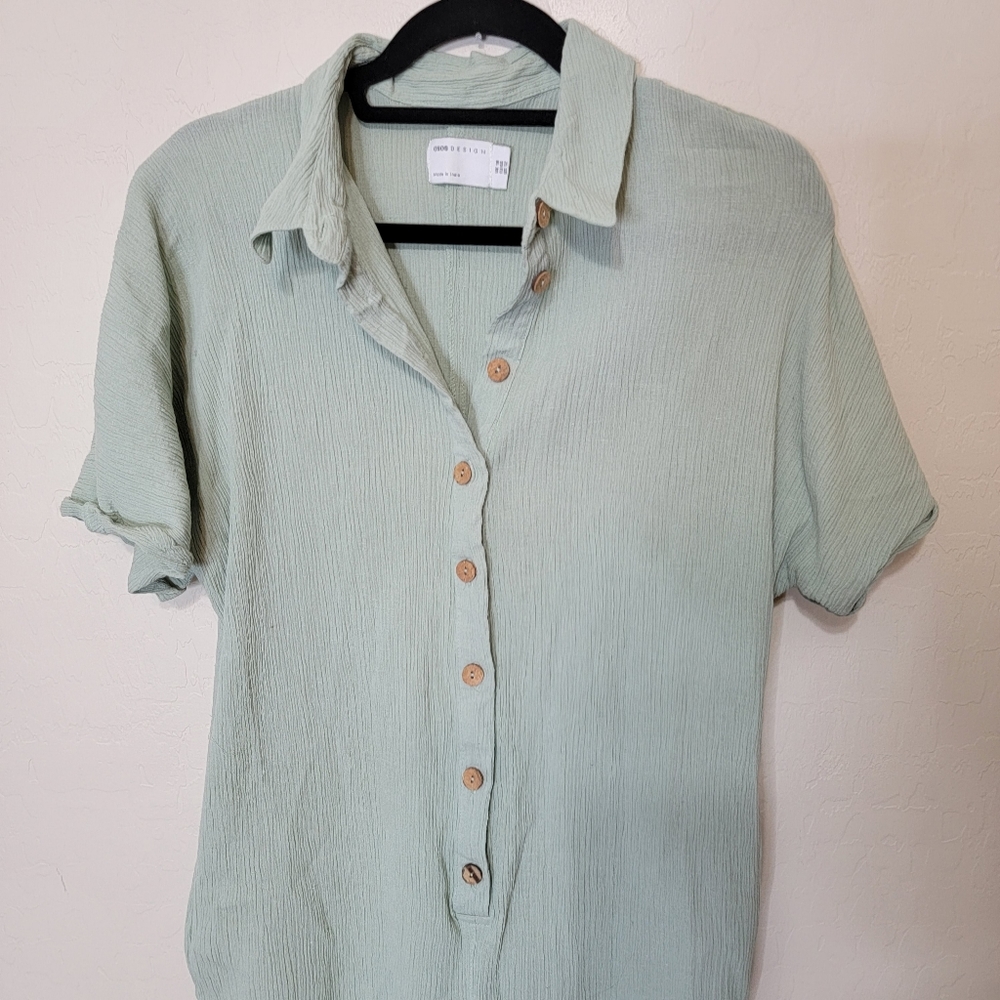 ASOS Design Button Through Shirt Jumpsuit Romper Sage Green Large Size 12